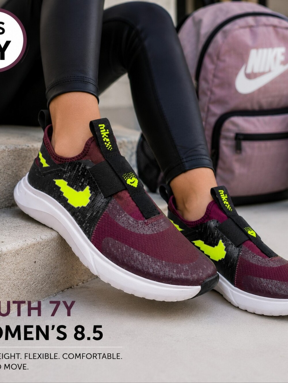 Nike Flex Runner Youth 7Y / Women’s 8.5 Burgundy Black Neon Sneakers